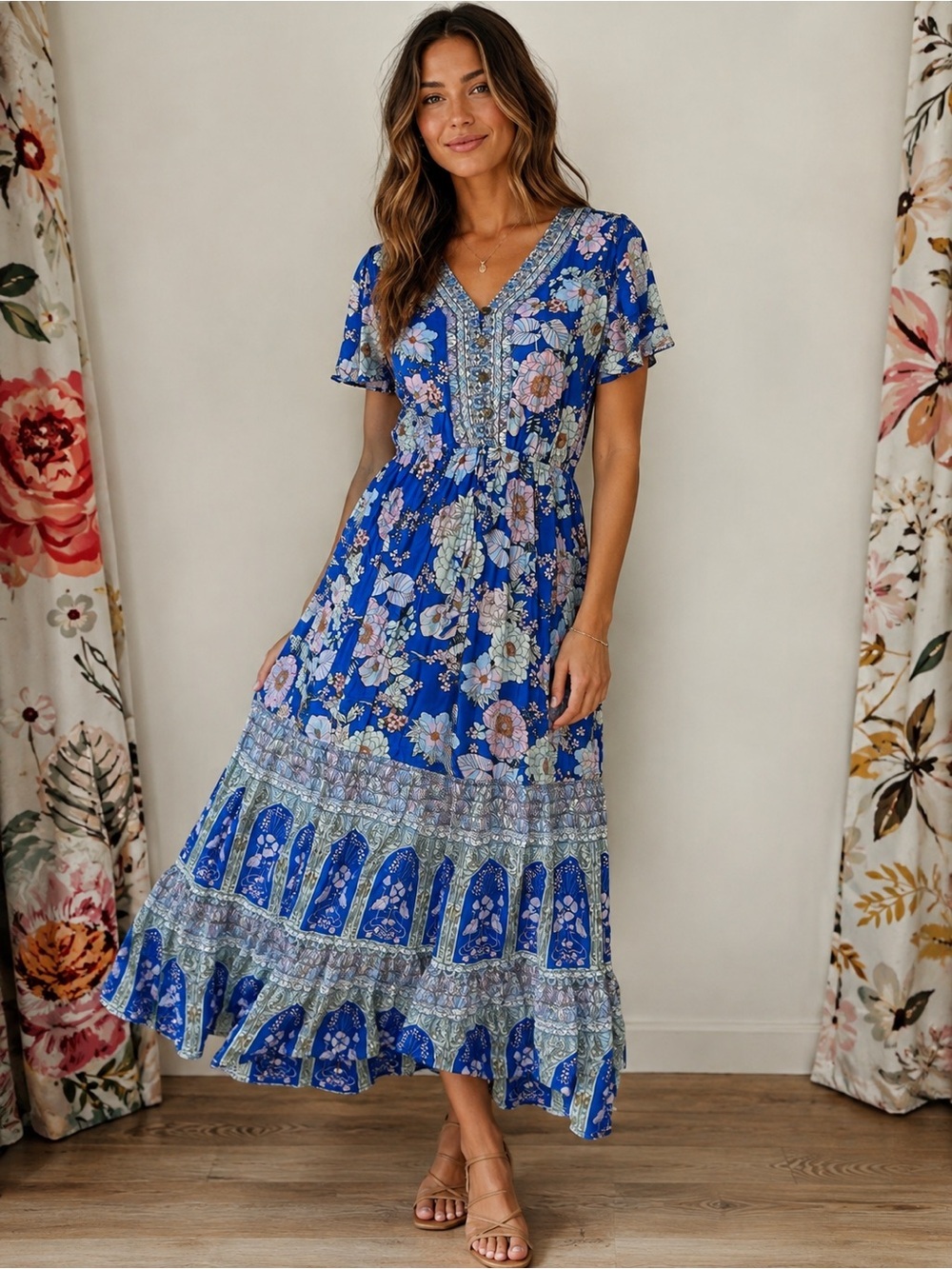 Blue Floral V-Neck Maxi Dress - 822